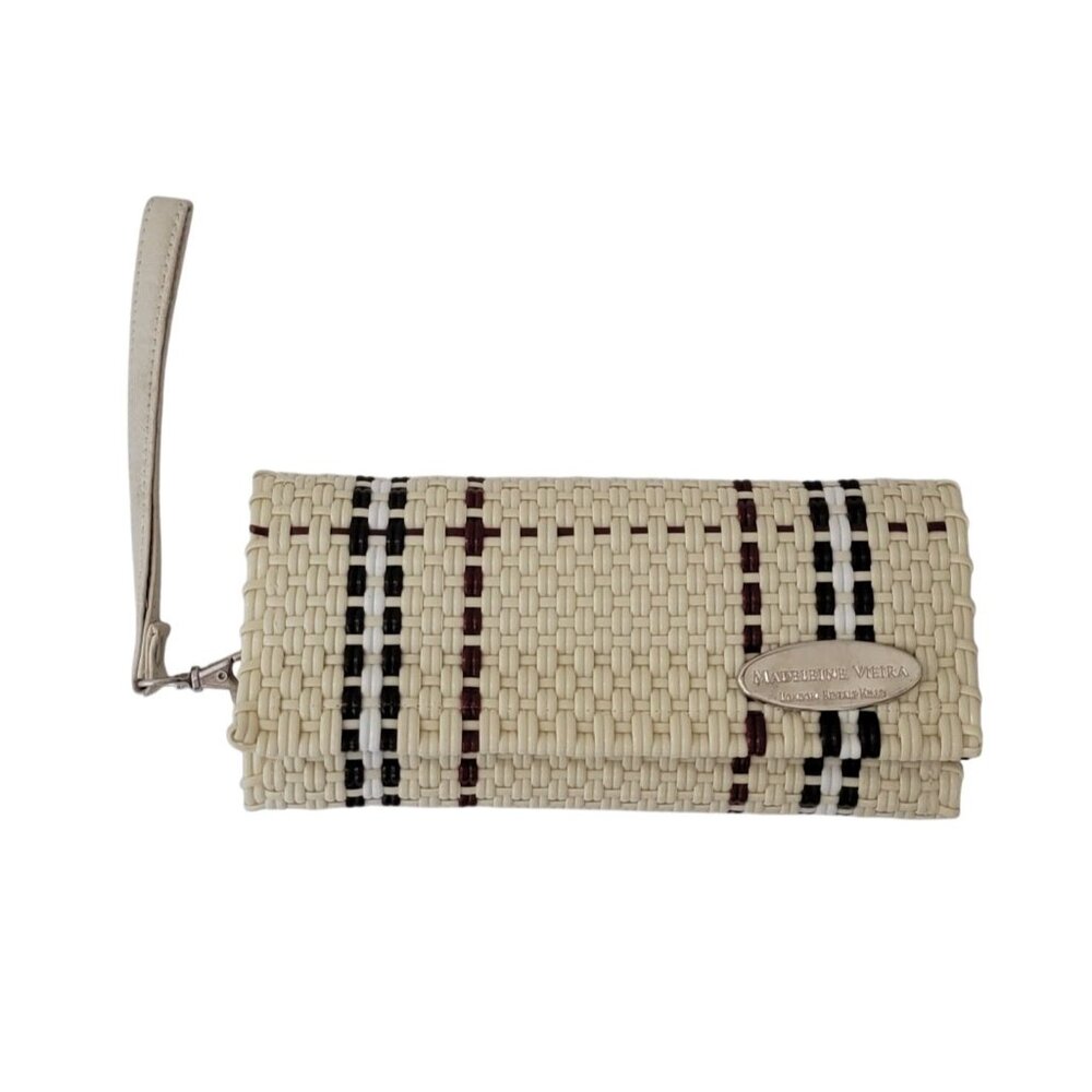 Madeleine Vieira Beige Woven Plastic Tri Fold Women's Wristlet Clutch Wallet - Picture 1 of 8